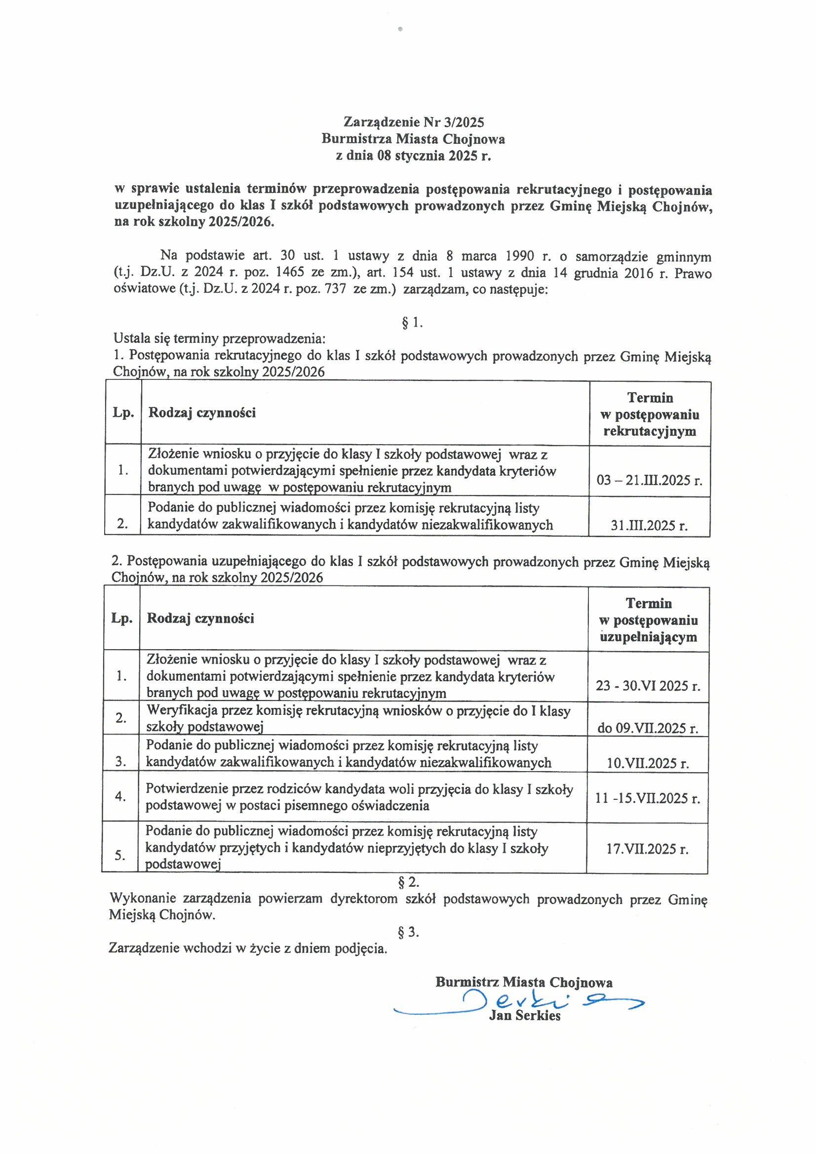 Zarządzenie nr 3/2025 Burmistrza Miasta Chojnowa 